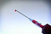 Blood on the tip of a syringe needle