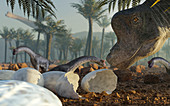 Brachiosaurus dinosaur with young, illustration