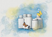 Pill bottles and butterflies, illustration