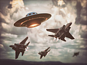 Fighter jets intercepting UFO, illustration