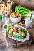 Chanterelle salad with herby cottage cheese, potatoes and chared romaine lettuce