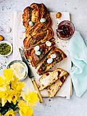 An Easter plait filled with jam and pistachio nuts