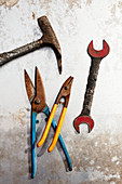 Hammer, Blechschneider und Schraubenschlüssel auf Metall