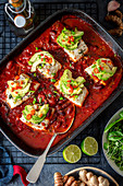 Cod and red kidney bean bake in tomato sauce with avocado