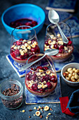 Chocolate mousse with cherries and hazelnuts
