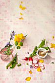 Pea pods, radishes and edible flowers