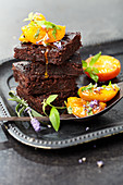 Vegan pecan brownies with caramelized apricots