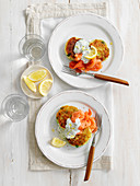 Spring onion and potato cakes with smoked salmon