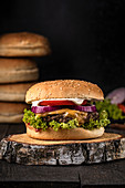 Classic cheeseburger with tomatoes, red onions and mayonnaise