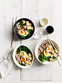Soba noodle soup with broccolini and egg
