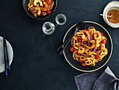 Fettuccine with prawns, tomato and sake-soy-butter