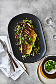 Grilled Murray cod with spring onions and olives
