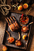'Duroc' rack of pork Western style with baked beans