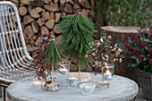 Kleine Bäumchen für weihnachtliche Tischdekoration basteln: gebundene Bäumchen aus Kiefer, Ahorn und Haselzweigen und Windlichter auf rundem Gartentisch