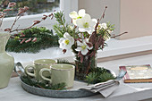 Kleiner Weihnachtsstrauß aus Christrosen, Tannenzweigen und Haselzweigen auf Tablett mit Tassen
