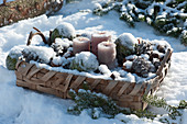 Korbtablett mit Kerzen, Christbaumkugeln und Zapfen im Schnee