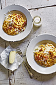 Spaghetti carbonara - spaghetti with egg, bacon and cheese from Lazio