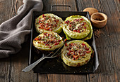 Baked cabbage with striped bacon and cheese and steps
