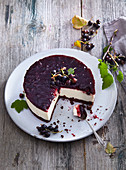 Cheesecake made with cream cheese and blackcurrants