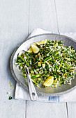 Spring vegetable and cauliflower tabbouleh with asparagus