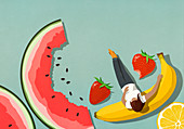 Frau, die unter Frucht entspannt (Illustration)