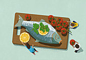 Familie, die großes Fischdinner mit Tomaten teilt (Illustration)