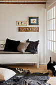 Sheepskin rug on the floor and cat in front of bench with cushions