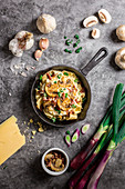 Pappardelle with mushrooms and red spring onions