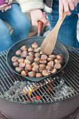 Roasting chestnuts in an iron pan on the barbecue