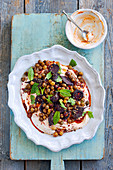 Zaatar crusted beets and chickpeas with harissa yogurt