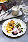 Barbecued fillet of beef and mustardy soured cream sauce
