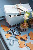 Gingerbread, cookie cutters, hyacinth, and a box