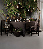 Crockery and candle lanterns on brown tablecloth under branches decorated for Christmas