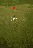 Golf balls surrounding a hole, illustration