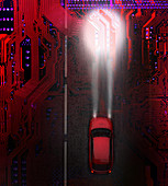 Car driving over circuit board, illustration