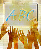 Hands reaching towards ABC on a whiteboard, illustration