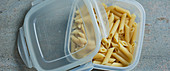 Precooked pasta in a storage box