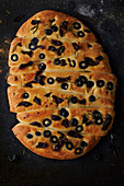Focaccia with sun-dried tomatoes and black olives