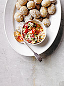 Salt-crusted Jersey Royals with crab and chilli dip