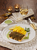 Roast salmon trout with a spice crust