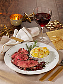 Roast beef with port shallots and baked potatoes