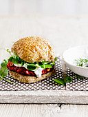 Beet and feta burgers with horseradish dressing