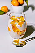 Tangerine mosaic jelly dessert in glass