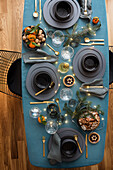 Overhead view of a set dining table for Christmas