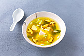 Golden miso soup with turmeric, silken tofu and shiitake mushrooms