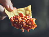 Nacho chip with tomato salsa