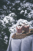 Heiße Schokolade mit Sahne auf Tisch in winterlichem Garten