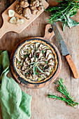 Jerusalem artichoke pie with cheese filling and herbs