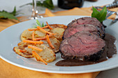 Braised beef in Barolo, with roasted potatoes and julienne carrots