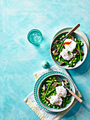 Green vegetable salad with mackerel and poached egg